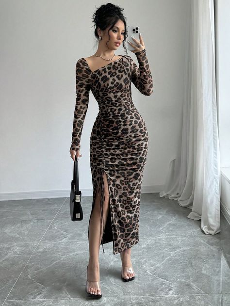 SHEIN Elenzya Vestido de manga larga con escote asimétrico, cintura entallada y pliegues con estampado de leopardo de malla elegante para mujerHe descubierto los artículos más increíbles en SHEIN.com, ¡ve y echa un vistazo! Shein Outfits Dresses, Leopard Print Dress Classy, Leopard Dress Outfit, Long Sleeve Elegant Dress, Mesh Sleeve Dress, Long Sleeve Elegant Dresses, Classy Street Style, Cute Formal Dresses, Elegant Outfit Classy