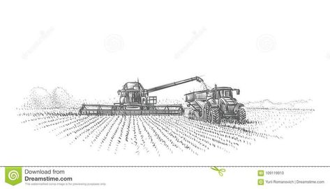 Farmer Tattoo, Field Illustration, Tractor Coloring Pages, Combine Harvester, Farm Stuff, Farm Field, Pencil Drawings Easy, Farm Toys, Farm Machinery