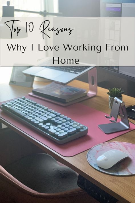 Home office desk set-up for working from home with a link to a blog post about the top 10 reasons for working from home. Setting Up Home Office, Small Desk Area, Work Remote, Home Things, Clean Desk, Desk Areas, Messy Room, Desk Fan, New Macbook