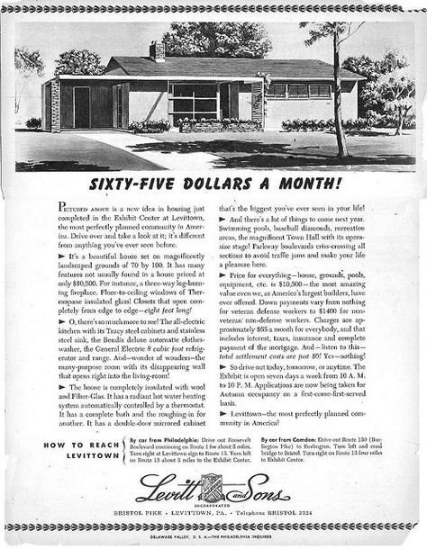 Original ad for Levittown homes. Mcm Exterior, Levittown Pennsylvania, Pennsylvania History, 1950s House, Old Commercials, Vintage House Plans, Long Island Ny, Bucks County, Retro Home Decor