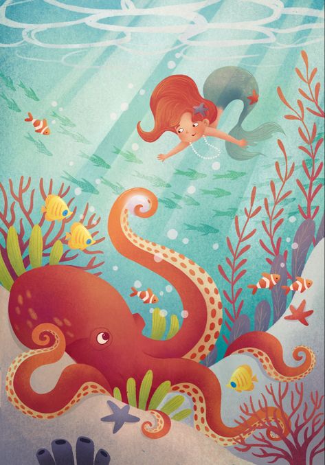 #illustration #childrensbooks #childrensillustration #mermaid #underthesea #cutedrawing #octopus Octopus Illustration Graphic Design, Cute Octopus Illustration, Undersea Illustration, Under The Sea Drawing, Under The Sea Illustration, Fish Doodles, Kidlit Art, Illustration Underwater, Under The Sea Drawings