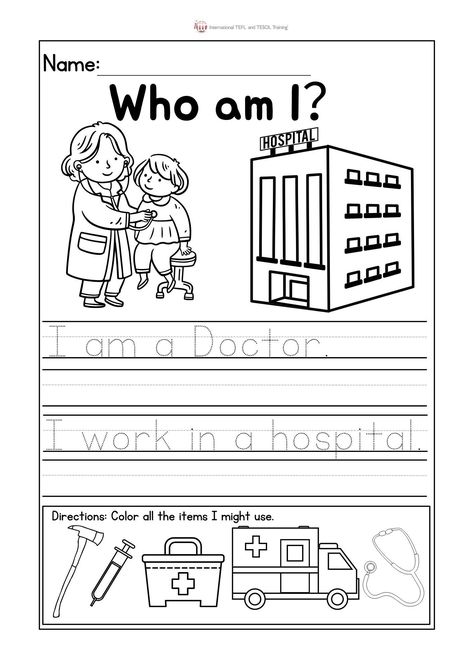 Grammar corner I am a Doctor EFL Worksheet Community Helpers Worksheets Preschool, I Am A Doctor, Writing Activities For Preschoolers, Community Helpers Worksheets, Teach English Online, Community Helpers Unit, 2nd Grade Activities, Community Helpers Theme, Community Helpers Preschool