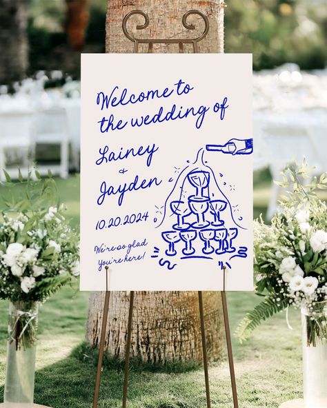 ENJOY 60% OFF WHEN YOU ORDER 3 OR MORE ITEMS. Use Code: SAVEBIG60 at checkout for 60% off 3 items!  This DIY Editable Welcome Sign features a hand drawn champagne tower graphic handwritten fonts and hand drawn graphic illustrations, where you have full freedom to create something uniquely yours! It is the perfect way to welcome your loved ones to your special day! You can easily change the text and background color for any of the templates to better match your theme. After you place your order, you will receive an email from Templett with access to your self-editable template where you will be able to customize all your own details! Templett is an online application editor that allows you to completely personalize your printable directly in your browser. Good news: no need to download any Wedding Welcome Sign Colorful, Wedding Reception Theme, Champagne Tower Wedding, Wedding Signage Template, Champagne Tower, Welcome Sign Template, Event Signage, Graphic Illustrations, Wedding Welcome Sign