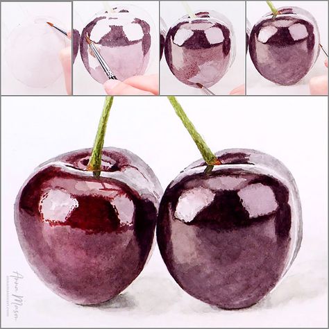 Painting shine like this with watercolour is all about preserving the paper colour and building up the painting in layers. Watch how I painted these cherries and then give them a go yourself: https://www.naturestudio.com/how-to-paint-shiny-realistic-3d-cherries/ Paint Fruit, Anna Mason, Watercolor Tutorials, Painting Photography, Watercolor Fruit, Fruit Photography, Diy Watercolor Painting, Anime Muslim, Watercolor Projects