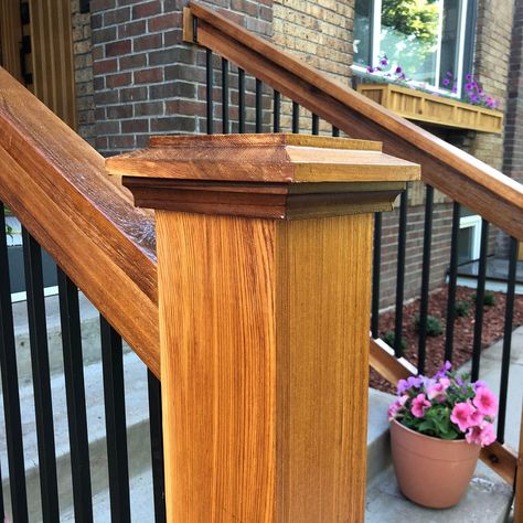 Iron Porch Railing, Cedar Railing, Adding Curb Appeal, Porch Handrails, Wood Railings For Stairs, Exterior Handrail, Wood Deck Railing, Porch Railing Designs, Craftsman Porch