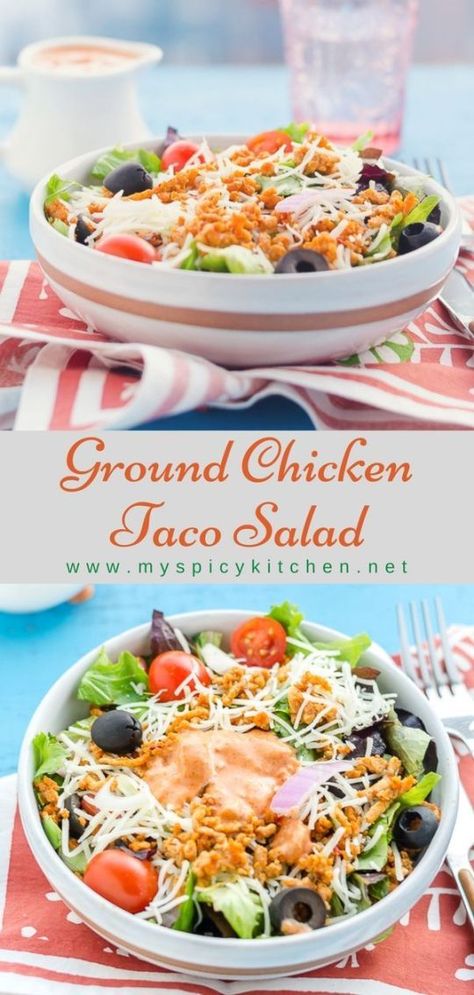 Ground chicken taco salad is a quick fix for weeknight dinners and potlucks. #Salads #ChickenRecipes #GroundChickenRecipes #MySpicyKitchen Ground Chicken Taco Salad, Chicken Taco Salad Recipe, Spicy Taco Seasoning, Ground Chicken Tacos, Chicken Taco Salad, Taco Salad Recipe, Spicy Tacos, Taco Salads, Taco Salad Recipes