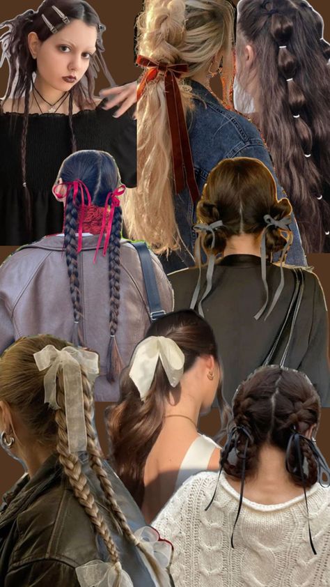 cute braided hairstyles with ribbons pt2 Pigtail Ribbon Hairstyle, Braided Ribbon In Hair, Hairstyles With Ribbon Braided, Cute Hairstyles With Ribbon, Braids With Ribbons In Them, Hair Braid Ribbon, Braids With Ribbon, Plaited Hairstyles, Ribbon Ponytail