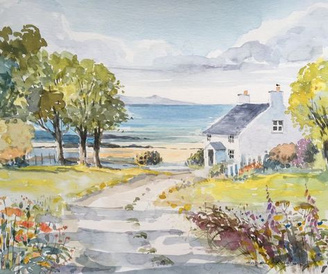 Beach Cottage Painting, Beach House Watercolor, Annabel Burton Watercolour, Cottage Landscape Painting, Beach House Illustration, Watercolour Inspiration Landscape, Watercolour Cottage, Beach Watercolor Paintings, Cottage Watercolor