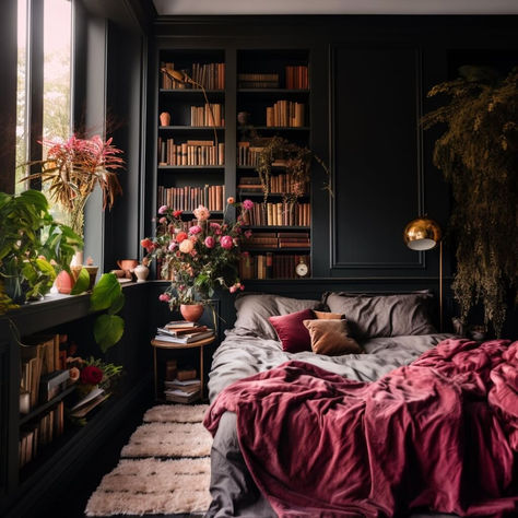 Black Rooms With Pops Of Color, Dark And Feminine Bedroom, Moody Parisian Apartment, Different Bedroom Aesthetics Dark, Feminine Dark Bedroom, Dark Feminine Decor Aesthetic, Mantel In Bedroom, Dark Romantic Home Aesthetic, Dark Feminine Apartment Aesthetic