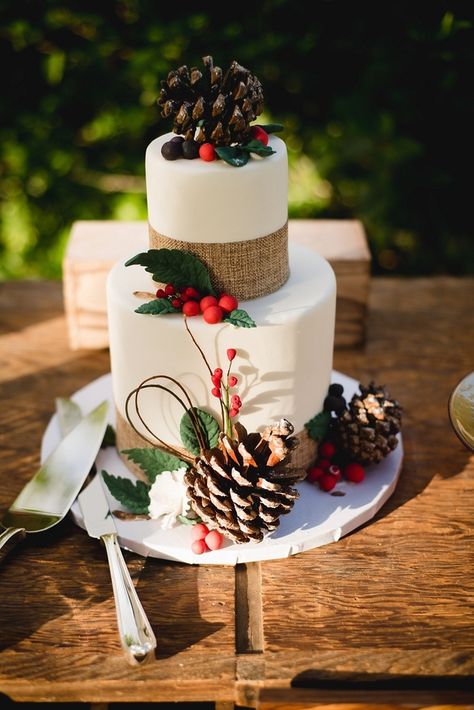 Decorate the wedding cake with pine cones, either real or faux, to tie in an outdoorsy winter look. | Wedding Cake | Winter Winery Wedding | Amy Millard Creative Studio Wedding Cake Winter, Cake Winter, Winter Wedding Cake, Rich Burgundy, Winery Wedding, Pastry Cake, Winery Weddings, Vineyard Wedding, Creative Studio