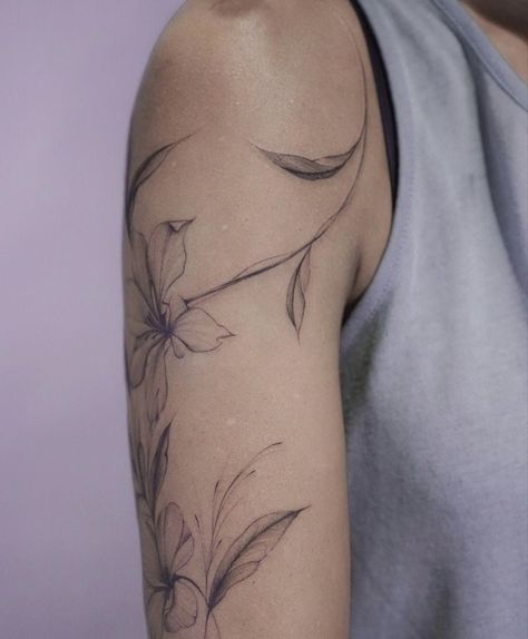 Lilly Wrap Around Tattoo, Lilly Tattoo Arm, Flowers Wrapped Around Arm Tattoo, Wrapped Around Arm Tattoo, Lillies Tattoo, Wrap Around Tattoo, Around Arm Tattoo, Lily Tattoo, Botanical Tattoo