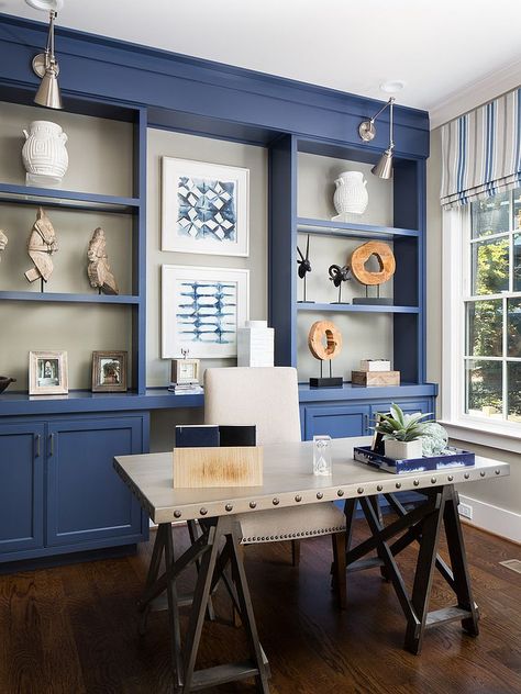 Gorgeous use of blue inside the charming modern office [From: Kay Green Design] Blue Home Offices, Transitional Home Office, Blue Bookcase, Industrial Home Offices, Cheap Office Furniture, Elegant Home Office, Office Shelving, Home Office Inspiration, Ikea Lack