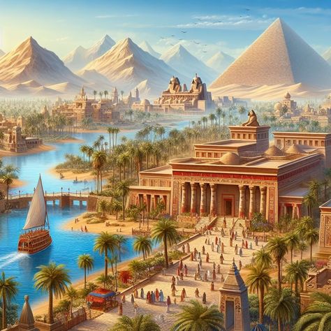 Ancient Egypt City Concept Art, Ancient Cities Concept, Ancient Egyptian City, Ancient Egyptian Artwork, Ancient Atlantis, Mystical Pictures, Egyptian Halloween, Ancient Egyptian Cities, City Builder