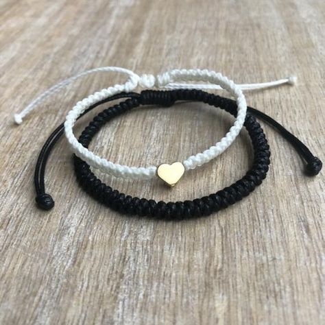 Gold Heart Couple Bracelets Black and White His and Hers | Etsy Initial Couples, Hemp Anklet, Heart Couple, Matching Couple Bracelets, Boys Bracelets, Couples Bracelets, Bracelets For Boyfriend, Bracelets Black, Bracelet Initial