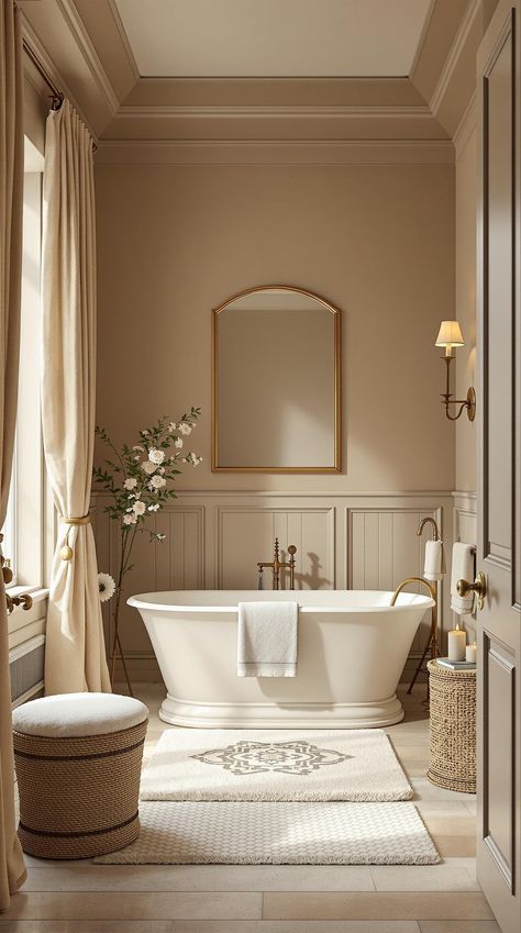 Neutral Bathroom Decor Taupe And Gray Bathroom, Bathroom With Brown Walls, Bathroom With Brown Floor, Mushroom Color Bathroom, White And Tan Bathroom Ideas, Taupe Vanity Bathroom, Tan Bathroom Walls, Swiss Coffee Bathroom Walls, Bathroom Tan Walls