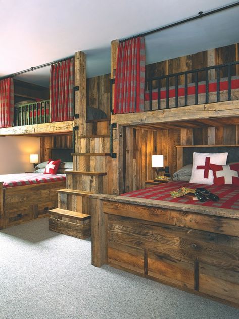 Rustic Chalet, Leather Granite, Creative Building, Bunk Beds Built In, Chalet Design, Built In Bunks, Bunk Rooms, Mountain Living, Bunk Room