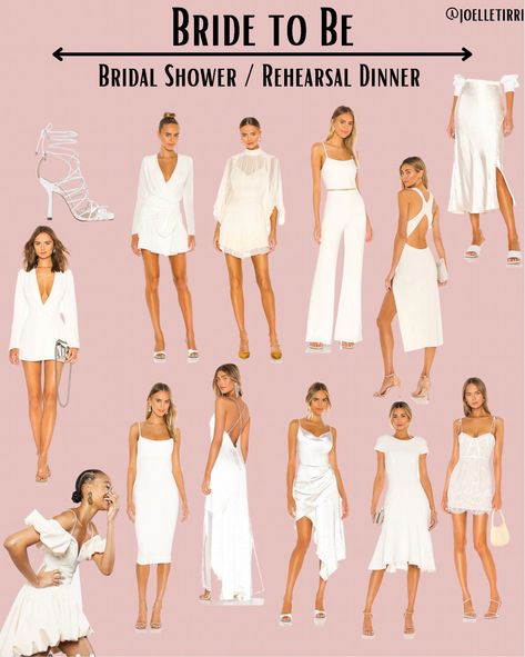 Summer Bridal Shower Outfit For Bride, White Dresses Bridal Shower Brides, White Dress For Rehearsal Dinner Brides, Bridal Shower Outfit Bride, Bride Outfits Rehearsal Dinners, White Bridal Shower Dress For Bride, Wedding Party Dresses For Bride, Bridal Shower Outfit For Bride Summer, Bridal Rehearsal Dinner Outfit