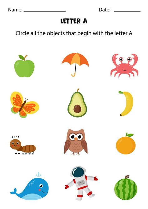 Letter recognition for kids. Circle all objects that start with A. Letter M Worksheets, Free Printable Alphabet Worksheets, Letter Recognition Worksheets, Background School, Beginning Sounds Worksheets, English Worksheets For Kindergarten, Alphabet Sounds, Alphabet Recognition, Alphabet Kindergarten