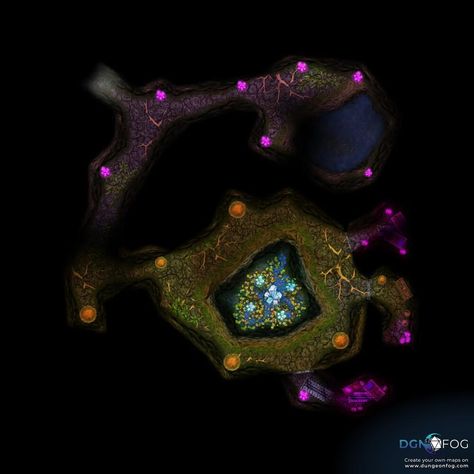 Download this map for free or create your on on dungeonfog.com. ⚔️ - #dungeon #rpg #ttrpg #battlemap #map #dnd #dnd5e #roleplay - An underground cave system with Elven style living areas and a storage area. There is a water source to the top, and a crystal circle to the south filled with magical plants. "Hidden deep beneath the earth, the elven underground cave is a mesmerizing sanctuary adorned with radiant purple crystals that emit a soft, ethereal glow, casting a magical ambiance... Dungeon Rpg, Elven Style, Magical Plants, Crystal Circle, Underground Caves, Cave System, Water Source, Storage Area, Purple Crystals