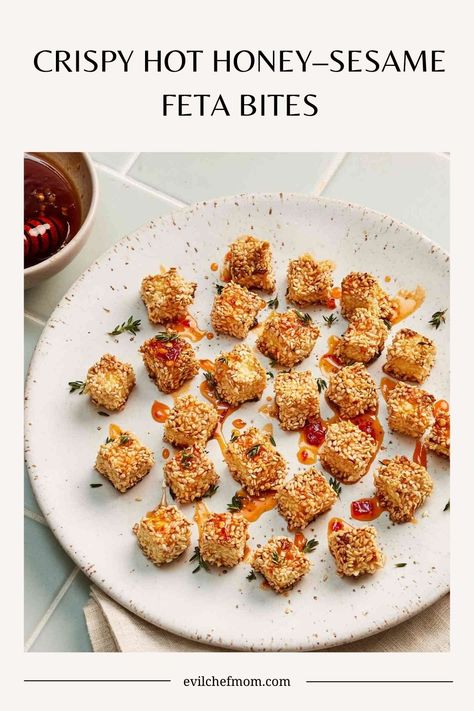 Crispy Hot Honey–Sesame Feta Bites Recipe Tamago Egg Recipe, Sesame Feta, Honey Feta, Eggplant Caponata Recipe, Feta Bites, Caponata Recipe, Eggplant Caponata, Honey Sesame, Bruschetta Recipe