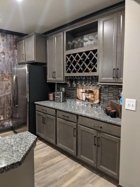 Wet Bar With Full Size Fridge, Basement Bar Full Fridge, Basement Bar With Fridge, Bar With Full Size Refrigerator, U Shaped Bar, Basement Wet Bar, Full Fridge, Refrigerator Ideas, Bar Room Decor