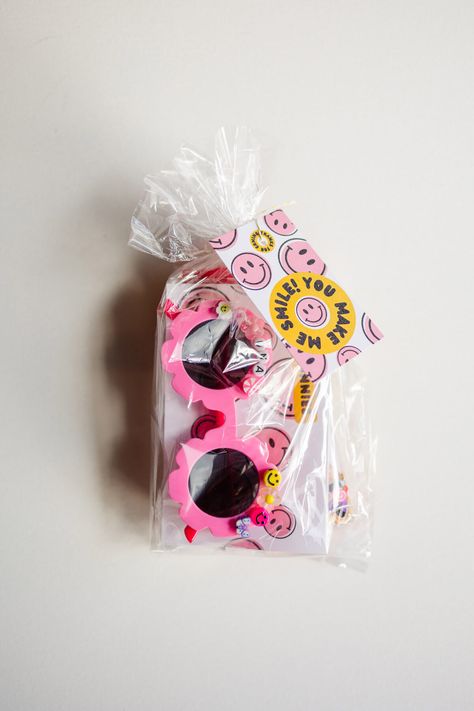 Groovy Two Birthday Party, Seven Is A Vibe Birthday Party, Pink Smiley Face Birthday Party Ideas, Smiley Party Favors, Happy Face Party Favors, Smiley Face Favors, Smiley Face Party Ideas, Pink Smiley Party, Five Is A Vibe Party Favors