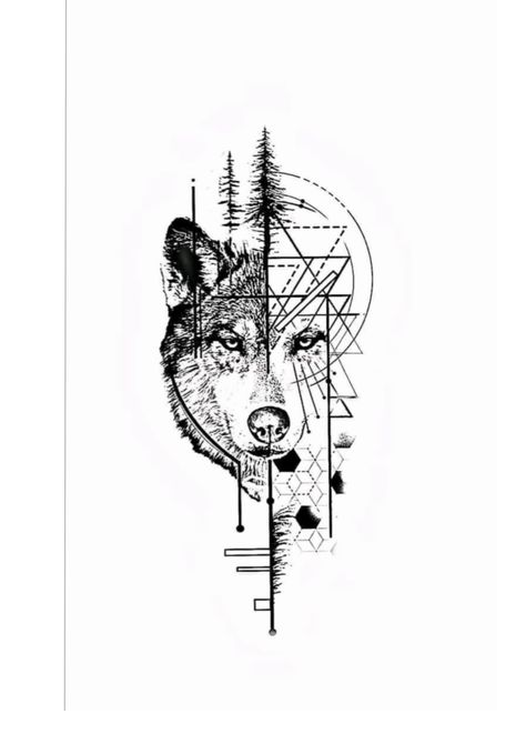 Two Wolves Tattoo, Side Thigh Tattoos, Wolf Tattoos Men, Line Tattoo Ideas, Geometric Sleeve Tattoo, Z Tattoo, Geometric Wolf, Wolf Tattoo Design, Geometric Tattoo Design