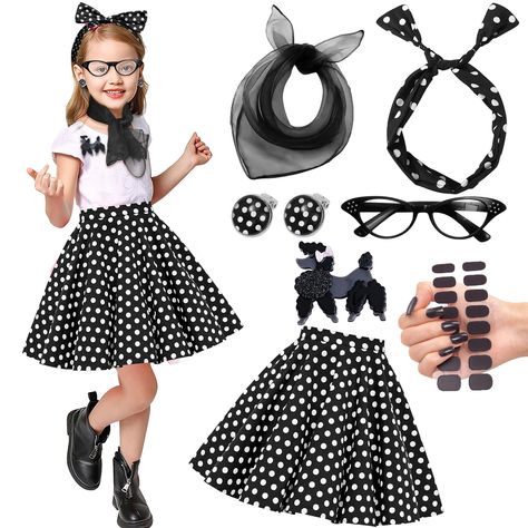 PRICES MAY VARY. 8 PCS Poodle Skirts for Girls: The 1950s Girls Sock Hop costume includes a girl's poodle skirt, a pair of glasses, a soft silk scarf, a pair of earrings, a poodle pin, a hair band and a pack of nail art stickers. This 1950s girl's dress does not include a top, but this poodle skirt is very versatile and can be paired with t-shirts, jackets, sweaters and more 5 Colors & 2 Styles: The 1950s poodle skirt is offered in 5 colors, pink, red, blue, rose and black, with two different st 50s Outfits For Kids, 50s Outfits For Girls, Kids 50s Costume, Girls Poodle Skirt, Sock Hop Costumes, 1950s Poodle Skirt, 1920s Outfit, 50s Outfit, Poodle Skirts