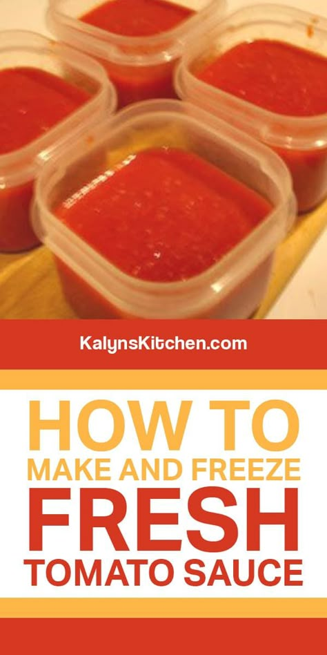 This recipe for How to Make and Freeze Fresh Tomato Sauce is one I used for years when I had a big garden that produced lots of tomatoes! [found on KalynsKitchen.com] #KalynsKitchen #FreshTomatoSauce #TomatoSaucefortheFreezer #FreezingTomatoSauce How To Make Diced Tomatoes To Freeze, How To Make And Freeze Tomato Sauce, How To Freeze Tomato Sauce, Can You Freeze Tomato Sauce, Freezing Fresh Tomato Juice, Spaghetti Sauce From Fresh Tomatoes To Freeze, How To Make Tomato Sauce From Fresh Tomatoes, Tomato Recipes For Freezing, Freezing Tomato Sauce