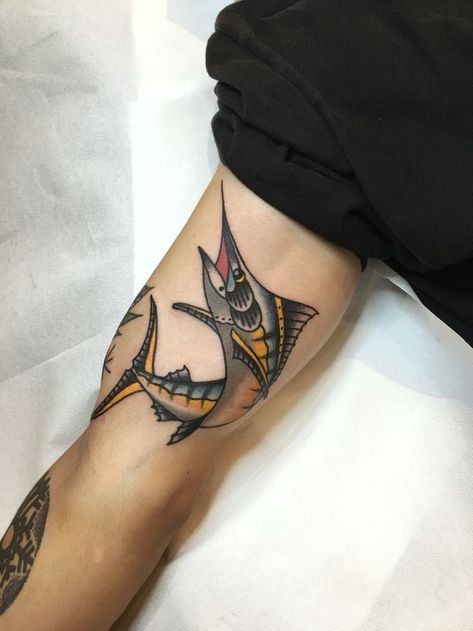 Small Traditional Animal Tattoo, Palm Sized Traditional Tattoo, Swordfish Tattoo Traditional, Traditional Marlin Tattoo, Trad Fish Tattoo, Marlin Fish Tattoo, Traditional Tattoo Fish, Sailfish Tattoo, Fish Traditional Tattoo