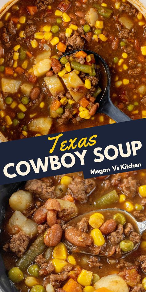 Hamburger Vegetable Soup is an easy hearty soup full of ground beef, veggies, potatoes, and beans. With it only taking 35 minutes to make - this is the best weeknight dinner. Texas Cowboy Soup, Bean Soup With Canned Beans, Easy Hearty Soup, Cowboy Soup, Hamburger Vegetable Soup, Hearty Stew, Pantry Recipes, Ground Beef And Potatoes, Beef Soup Recipes