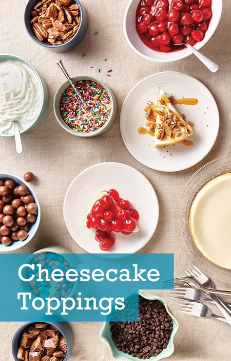 Set up a cheesecake toppings bar and let guests customize their dessert to their liking! Cheesecake Bar Toppings, Cheesecake Toppings Bar, Toppings Bar, Cheesecake Bar, Cheesecake Toppings, Chocolate Wedding Cake, Cake Bars, Wedding Dessert, Dessert Bar