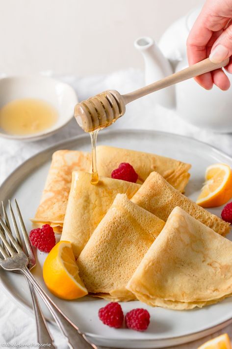 Raspberry Crepes, Blender Crepes, Honey Pancakes, Crepe Ingredients, Homemade Crepes, Honey Breakfast, Crepes Recipe, Crepe Batter, Lemon Honey