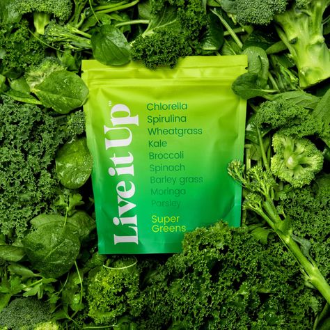 Live It Up brand and packaging design | Robot Food Daily Greens, Super Greens Powder, Greens Powder, Barley Grass, Green Superfood, Superfood Powder, Super Greens, Healthy Energy, Digestive Enzymes