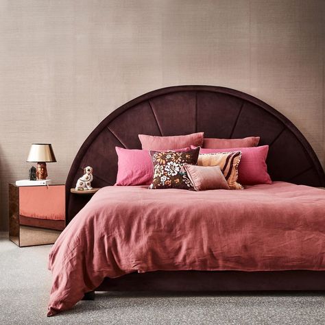 Love Tree Interiors on Instagram: “The disco bed head in plum, juicy, red wine velvet with shades of pink linen from @kipandco and velvet cushions from @sageandclare -…” Red Velvet Headboard, Arched Bed Frame, Moody Pink Bedroom, Pink Velvet Headboard, Round Headboard, Interior Castle, Red Headboard, Burgundy Bedding, Bedroom 2023