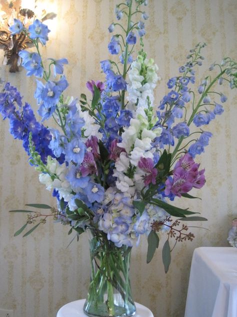 Ceremony flowers with snapdragons, delphinium, hydrangea and alstromeria, by Floribunda Designs. Snap Dragon, Ceremony Flowers, Event Flowers, Vase Centerpieces, Delphinium, Blue Wedding, Purple Flowers, Hydrangea, Dream Life