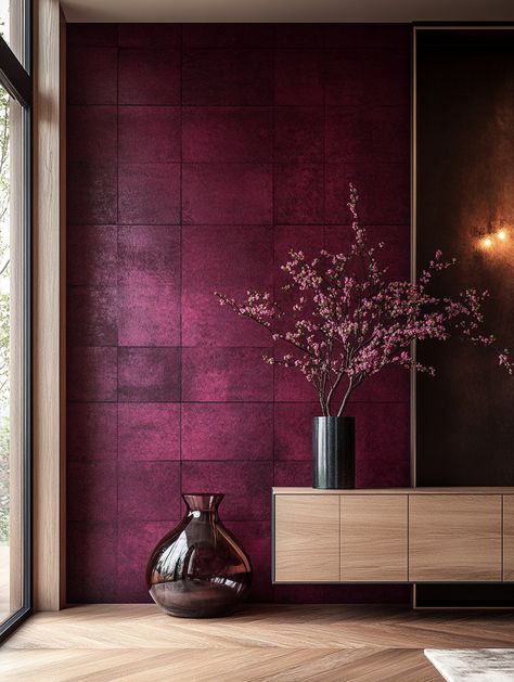 Mulberry Home Interiors, Purple Interior Design Living Room, Wallpaper In Living Room, Mulberry Wallpaper, Purple Interior Design, Plum Walls, Moody Interior Design, Comfort Living Room, Burgundy Living Room