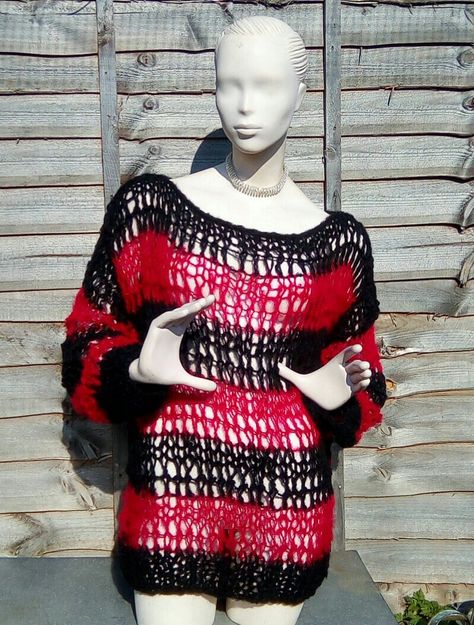 Holey punk jumper, light weight wool and acrylic mix Alt Crochet Sweater, Punk Outfits Ideas, Punk Knitting Patterns, Crochet Punk Clothes, Holey Crochet Sweater, Punk Crochet Patterns, Punk Crochet Patterns Free, Alt Crochet, Holey Sweater