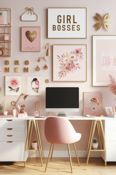 Revamp a 2nd bedroom into a stylish, motivational workspace. With blush pink touches, gold details, and empowering decor, it's the ideal small-space solution for the ambitious girl boss. Pink And Gold Aesthetic Room, Pink And Gold Desk Decor, Light Pink Home Office, Home Office Small Space Bedrooms, Girl Desk Ideas, Women’s Home Office, Pink Workspace, Girly Office Ideas, Pink Office Aesthetic