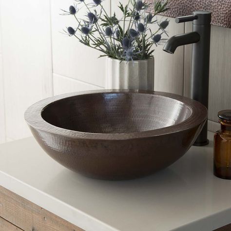 A Perfect Pairing; Selecting Your Vessel Sink Faucet | Native Trails Color Palette For Bathroom, Copper Sink Care, Texture Craft, Copper Vessel Sinks, Copper Sink Bathroom, Primitive Bathrooms, Copper Vessel, Copper Bathroom, Wall Mounted Sink