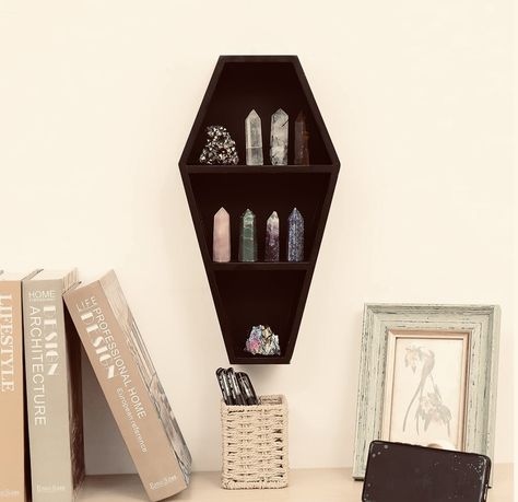 black shelf shaped as a coffin  hung up on the wall with crystals on the shelves Gothic Shelf, Shelf For Books, Coffin Shelf, Crystal Storage, Gothic Coffin, Storage Decor, Storage Display, Room Storage, Display Rack