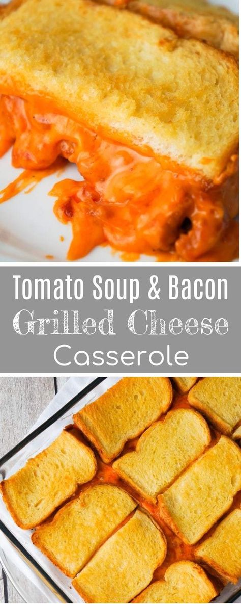 Tomato Soup & Bacon Grilled Cheese Casserole is an easy lunch or dinner recipe the whole family will love. This easy casserole is loaded with shredded cheddar cheese, real bacon bits and condensed tomato soup, all sandwiched between two layers of bread. Grilled Cheese Casserole, Soup Bacon, Bacon Grilled Cheese, Condensed Tomato Soup, Shredded Cheddar Cheese, Grilled Cheese Recipes, Cheese Casserole, Easy Lunch, Easy Casserole Recipes