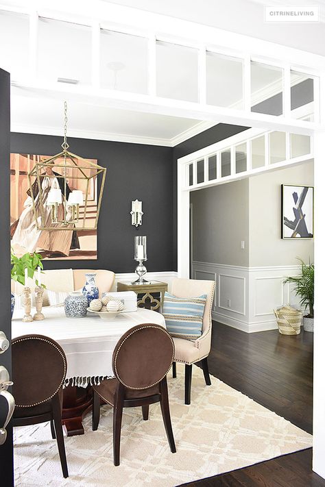 OUR DINING ROOM UPDATE: GREY PAINT COLOR DILEMMA Painting Chandeliers, Cracked Pepper Paint, Flooring Transition Ideas, Flooring Ideas Inexpensive, Pepper Paint, Remodel Dining Room, Small Kitchen Dining Room Combo, Small Kitchen Dining Room, Small Kitchen Dining