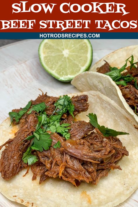 Taco lovers will love this Beef Street Tacos recipe. Easily made in a Crock-Pot Slow Cooker with a few simple ingredients. Tacos With Roast Beef, Slow Cooker Street Tacos Chuck Roast, Beef Chuck Tacos Crock Pot, Bottom Round Roast Tacos, Roast Beef For Tacos, Slow Cooker Beef Brisket Tacos, Braised Beef Tacos Slow Cooker, Roast For Tacos Crock Pot, Beef Roast Tacos Crock Pot