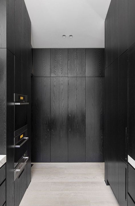 Studio You Me | Brighton Residence | Hana Hakim + Kestie Lane ... Black Wood Grain Kitchen, Sleek Black Kitchen Cabinets, Black Wood Cabinet, Black Wood Cabinets Kitchen, Black Wood Interior Design, Black Wood Grain Kitchen Cabinets, Black Stained Wood Cabinets, Black Wood Cabinets, Black Wood Ceiling