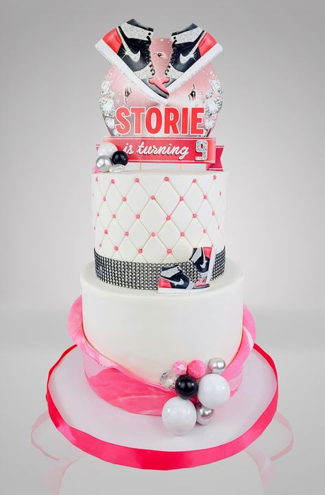 Indulge in a taste of style with this sensational sneaker ball cake. Adorned with white and pink fondant, dazzling bling accents, and a custom sneaker cake topper, this cake is a perfect fusion of fashion and flavor, sure to impress any sneaker enthusiast or fashion-forward individual. Sweet 16 Sneaker Ball Cake Ideas, Sneaker Ball Cake Ideas, Sneaker Cake Ideas, Sneaker Ball Cake, Bloxburg Rp, Sneaker Cake, Desserts Birthday, 5th Birthday Girls, Sweet 16 Party Decorations