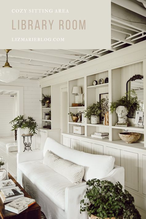 Library sitting room with cozy white sofa and vintage decor. #library #whitesofa #sixpennysofa #sittingarea #vintagedecor Library Sitting Room, Sitting Room Sofa, Painted Built Ins, Cozy White Cottage, Cozy Sitting Area, Liz Marie, Liz Marie Blog, Fresh Farmhouse, Farmhouse Decor Living Room