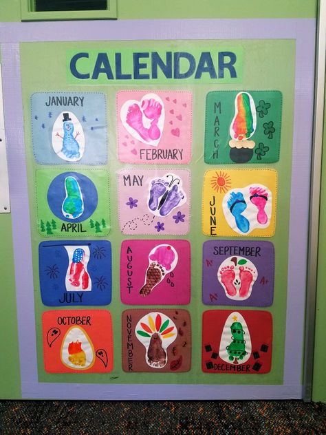 Footprint calendar. Infant classroom. Owl Footprint, Christmas Crafts For Preschoolers, Infant Room Ideas, Mother's Day Crafts For Kids, Crafts For Kids Paper, Crafts For Preschoolers, Infant Classroom, Footprint Crafts, Baby Art Projects