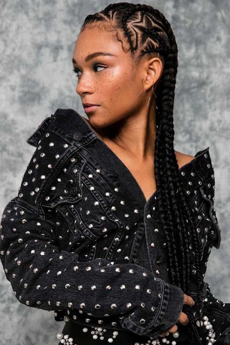 Goddess Braids With Spectacular Star Design #goddessbraids #braids #longhair ❤️ Goddess braids are a nice way to beautify natural hair. Big cornrows updo, braided ponytail hairstyles, and lots of inspiring ideas for black women are here in our gallery! ❤️ See more: https://lovehairstyles.com/goddess-braids-hairstyles-ideas/ #lovehairstyles #hair #hairstyles #haircuts Afro Hair Girl, Blonde Box Braids, Brown Ombre Hair, Short Box Braids, Goddess Braids Hairstyles, Long Box Braids, Try On Hairstyles, French Braid Hairstyles, Braided Ponytail Hairstyles