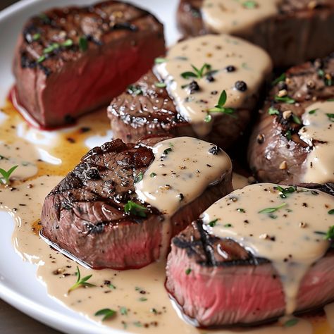 Beef Entrees, Mignon Steak, Filet Mignon Recipes, Filet Mignon Steak, Peppercorn Sauce, Steak Bites, Beef Recipe, Birthday Dinner, Blue Dream